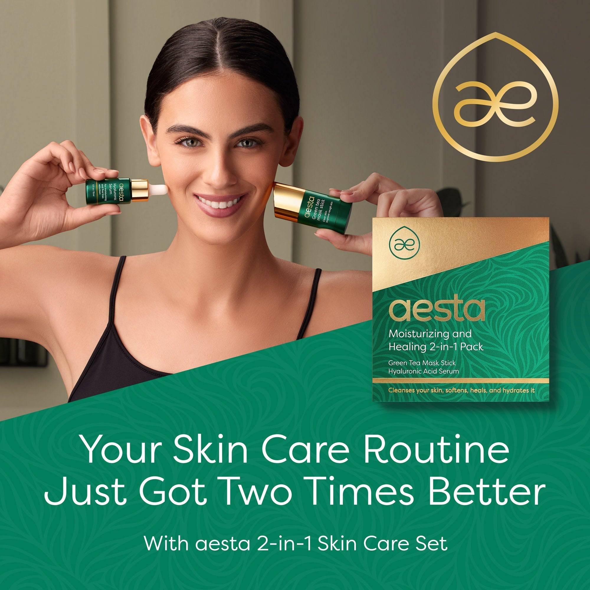 Aesta Green Tea Mask Stick + Hyaluronic Acid Serum for Face Treatment - alternate angle