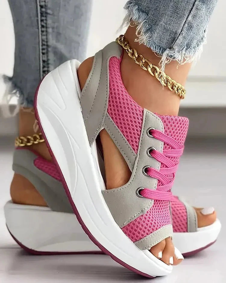 Contrast Paneled Cutout Lace-up Muffin Sandals - detail