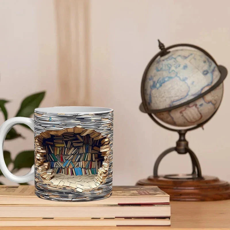 3D Library Bookshelf Mug, Coffee Mugs Gift for Book Lovers - in use
