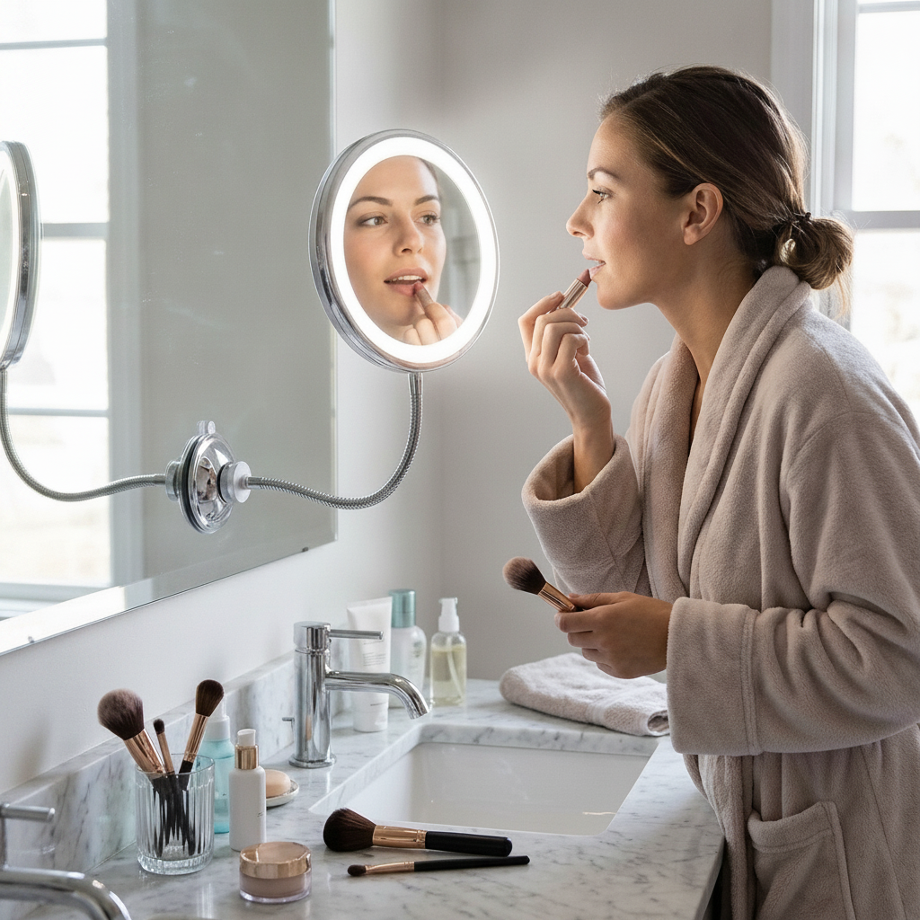The Flexible Gooseneck LED Magnifying Mirror showing its compact design, premium finish, and included accessories on a clean background.