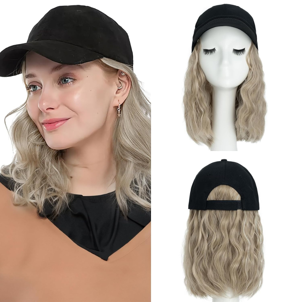 Heat Resistant Synthetic Wavy Wig Extension Baseball Cap - in use