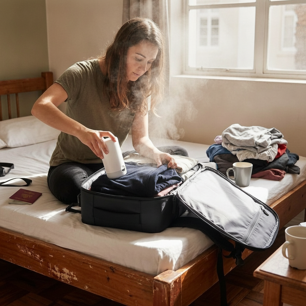 The Vacuum Compression Travel Backpack showing its compact design, premium finish, and included accessories on a clean background.