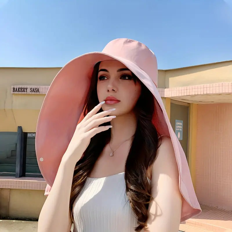 Elegant Wide Brim Sun Protection Shawl Hat for Women - in use