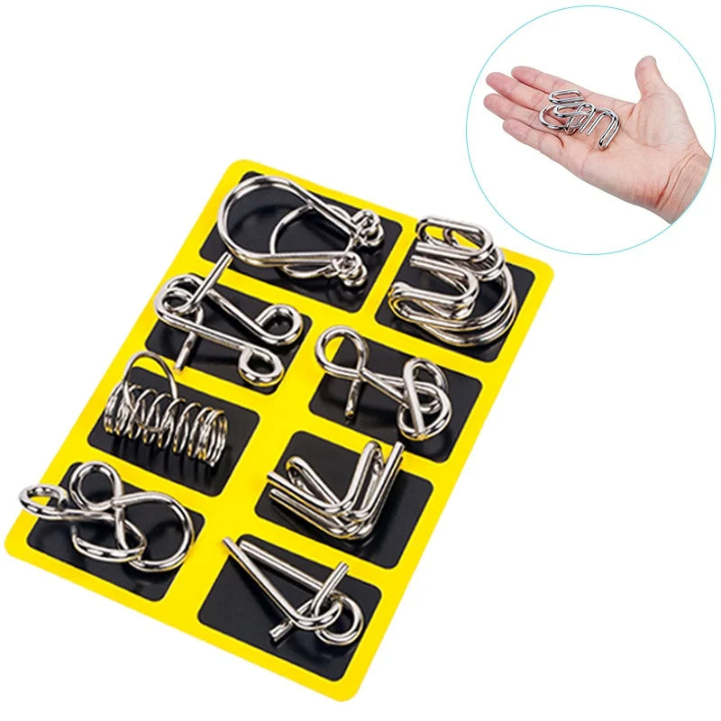 8-Piece Metal Puzzle Ring Set - Brain Teaser Toys for Kids & Adults - in use