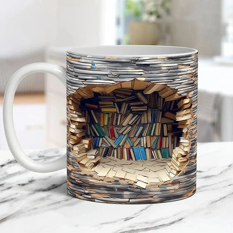 3D Library Bookshelf Mug, Coffee Mugs Gift for Book Lovers - detail