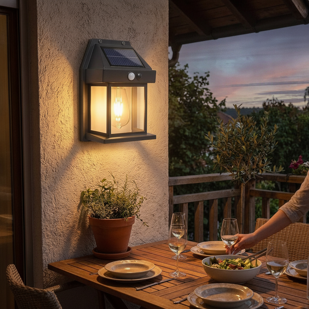 Two black carriage-style wall lanterns glowing with warm yellow filament light.