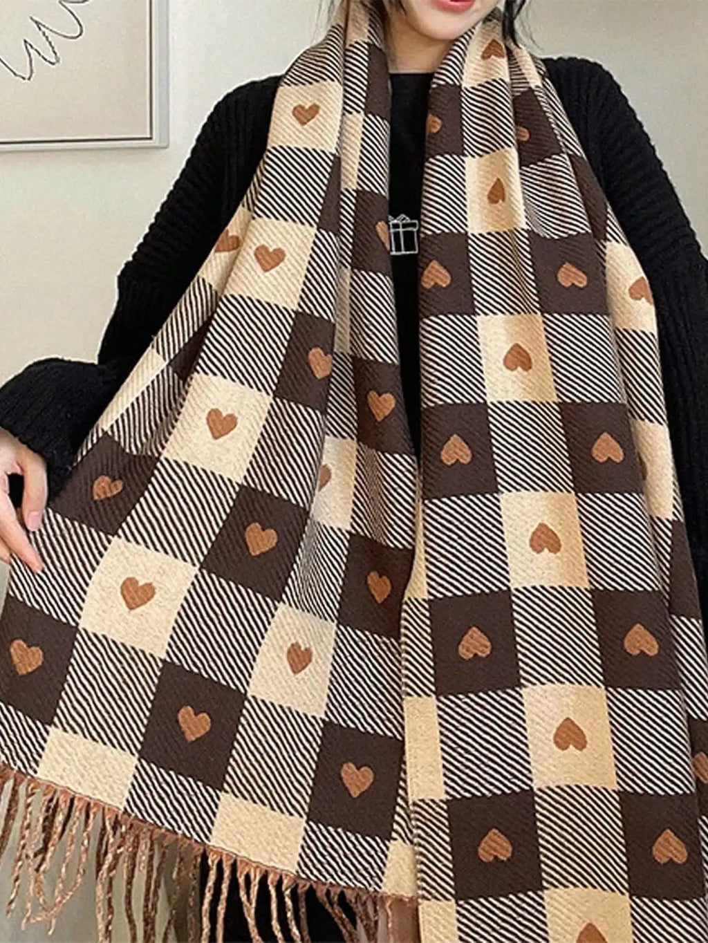 Cozy Checkered Winter Scarf Shawl - in use