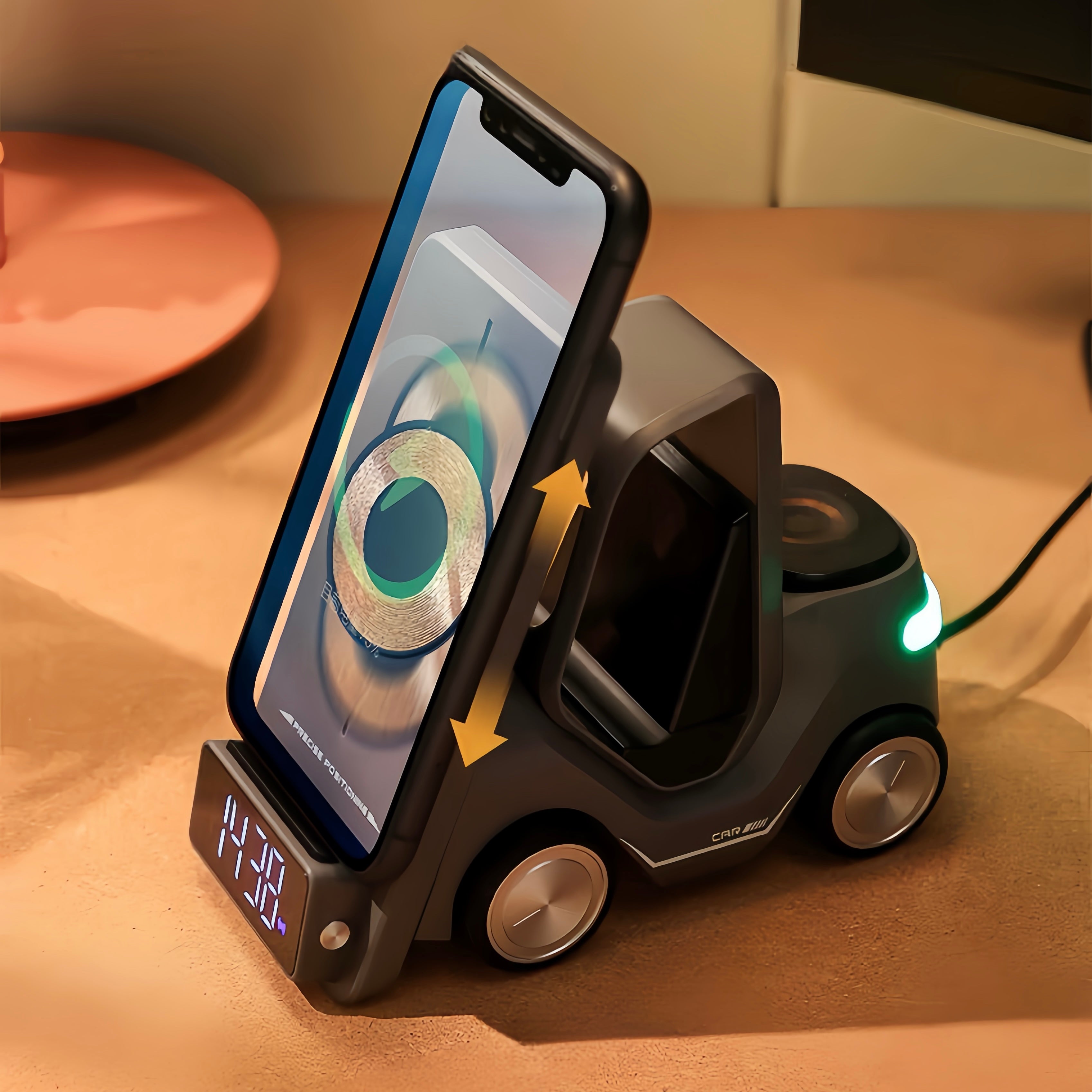 4 in 1 Forklift Fast Wireless Charging Station Dock for iPhone,, Wireless, iPhone - in use