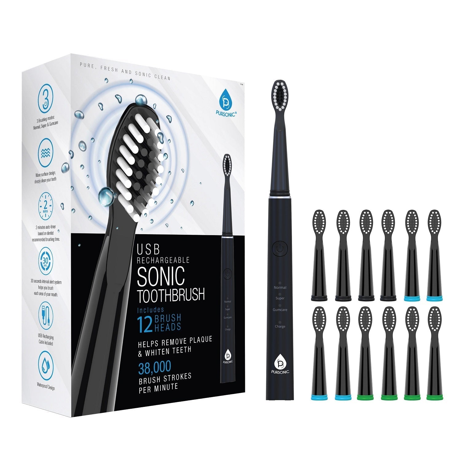 USB Rechargeable Sonic Toothbrush with 12 Brush Heads, Rechargeable