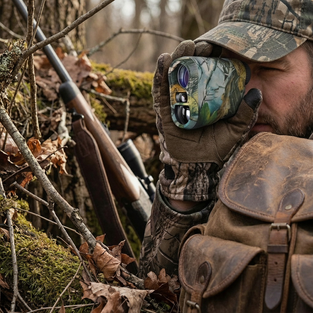 The Laser Rangefinder with 6.5X Magnification showing its compact design, premium finish, and included accessories on a clean background.