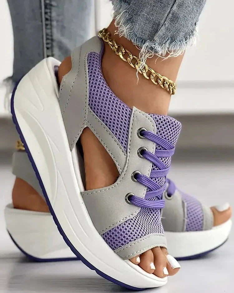Contrast Paneled Cutout Lace-up Muffin Sandals - in use