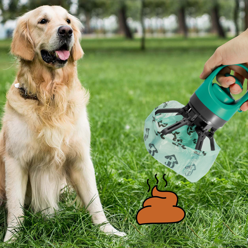 Dog Poop Picker Upper Claw with Garbage Bag Dispenser - in use