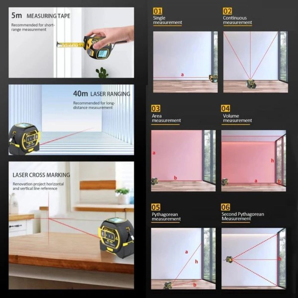 3-in-1 Infrared Laser Tape Measure with Digital Display and Traditional Tape - alternate angle