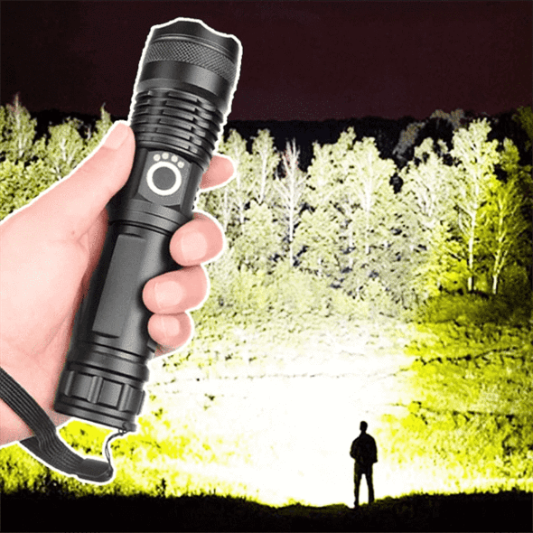 90,000 Lumens XHP50.2 Rechargeable LED Flashlight with Zoom, USB - alternate angle
