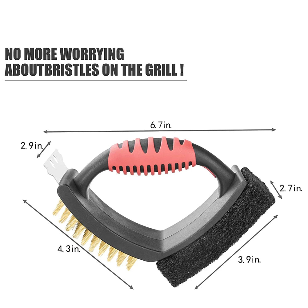 3 in 1 Grill Brush with Brass Bristles and Scraper - detail