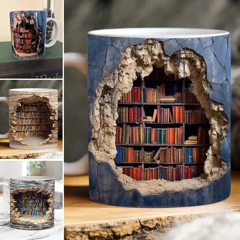 3D Library Bookshelf Mug, Coffee Mugs Gift for Book Lovers - detail