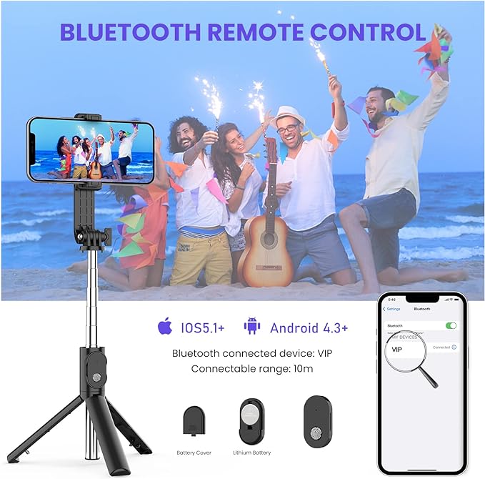 6-in-1 Bluetooth Selfie Stick with Tripod, Fill Light & Detachable - alternate angle