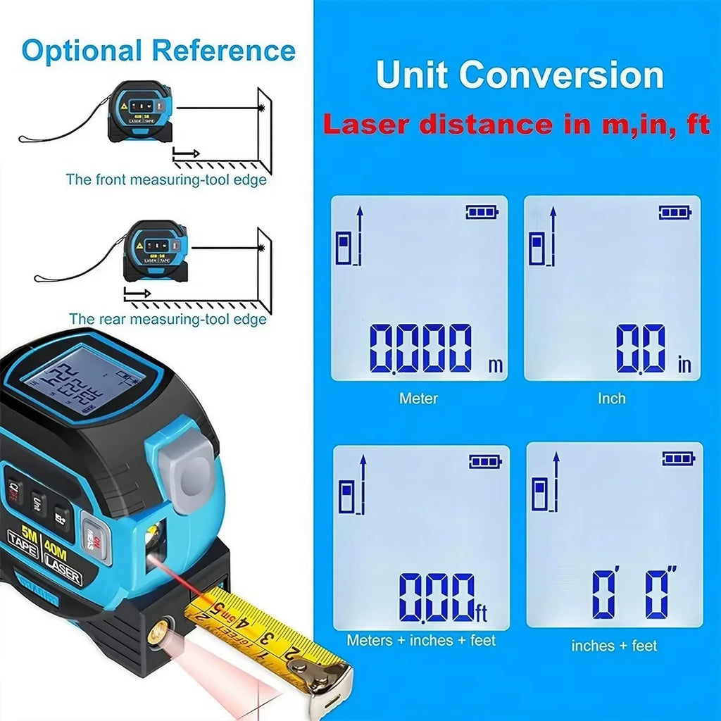3-in-1 Laser Tape Measure with Infrared Distance Meter - 40M / 60M Range - alternate angle