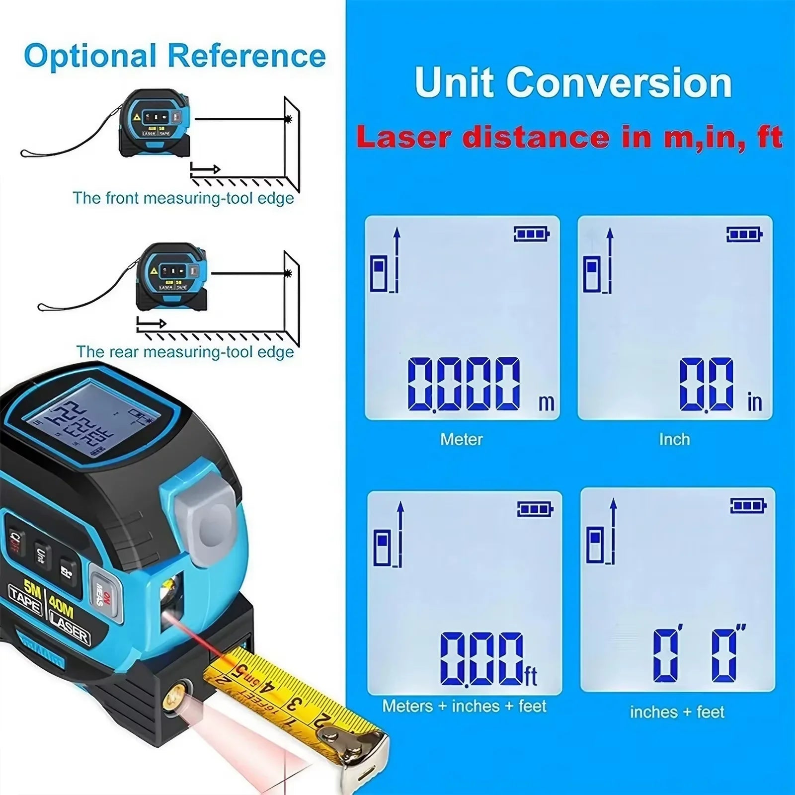 3-in-1 Laser Tape Measure with Infrared Distance Meter - 40M / 60M Range - alternate angle