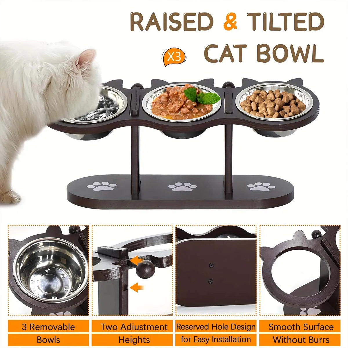 Elevated Cat Bowl with 3 Stainless Steel Dishes - alternate angle