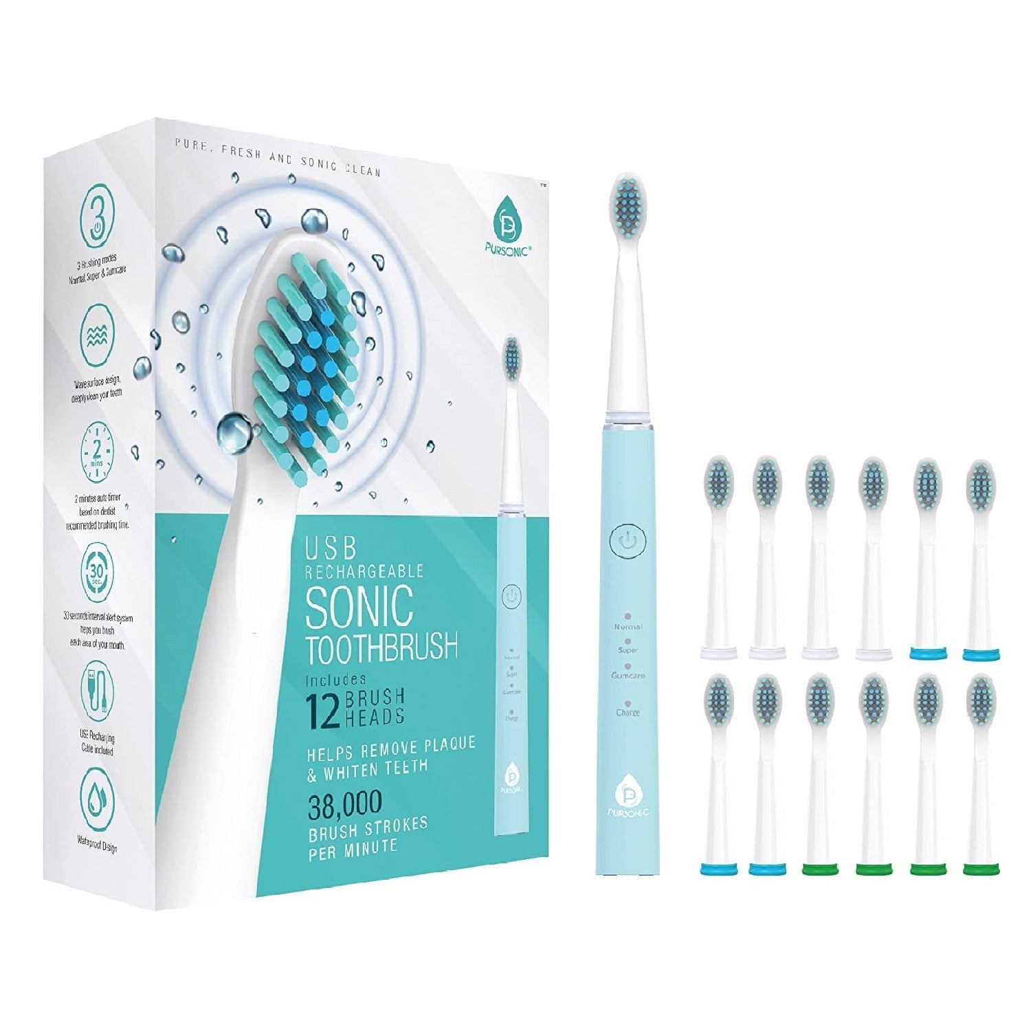USB Rechargeable Sonic Toothbrush with 12 Brush Heads, Rechargeable - alternate angle