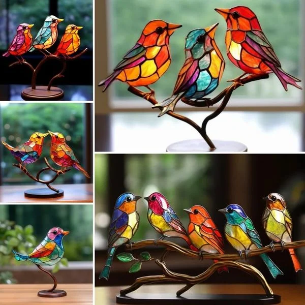 Colorful Birds on Branch Desktop Ornaments - detail