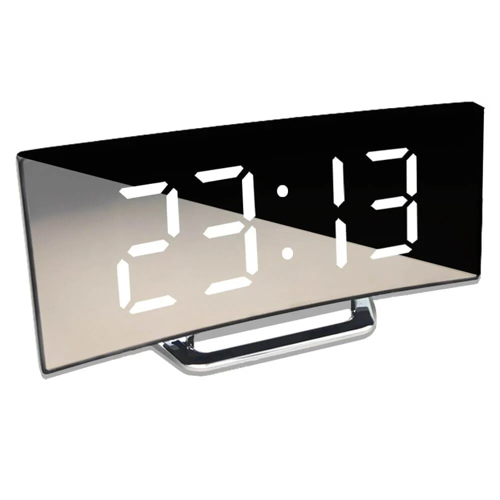 Curved LED Digital Alarm Clock With Mirror Display And Large Screen - alternate angle