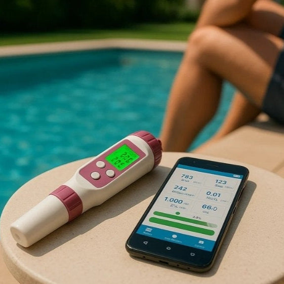 Digital pool tester - pH and chlorine measuring device for easy water analysis - alternate angle