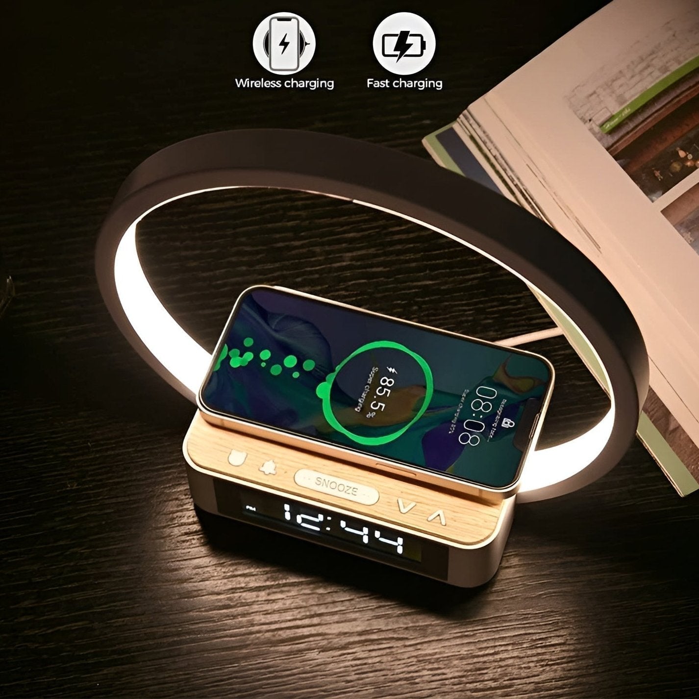 3-in-1 LED Table Lamp with Wireless Charging, Digital Alarm Clock & - alternate angle