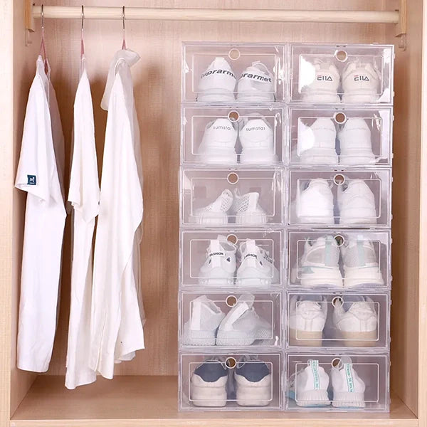 6-Pack Stackable Clear Plastic Shoe Boxes - in use
