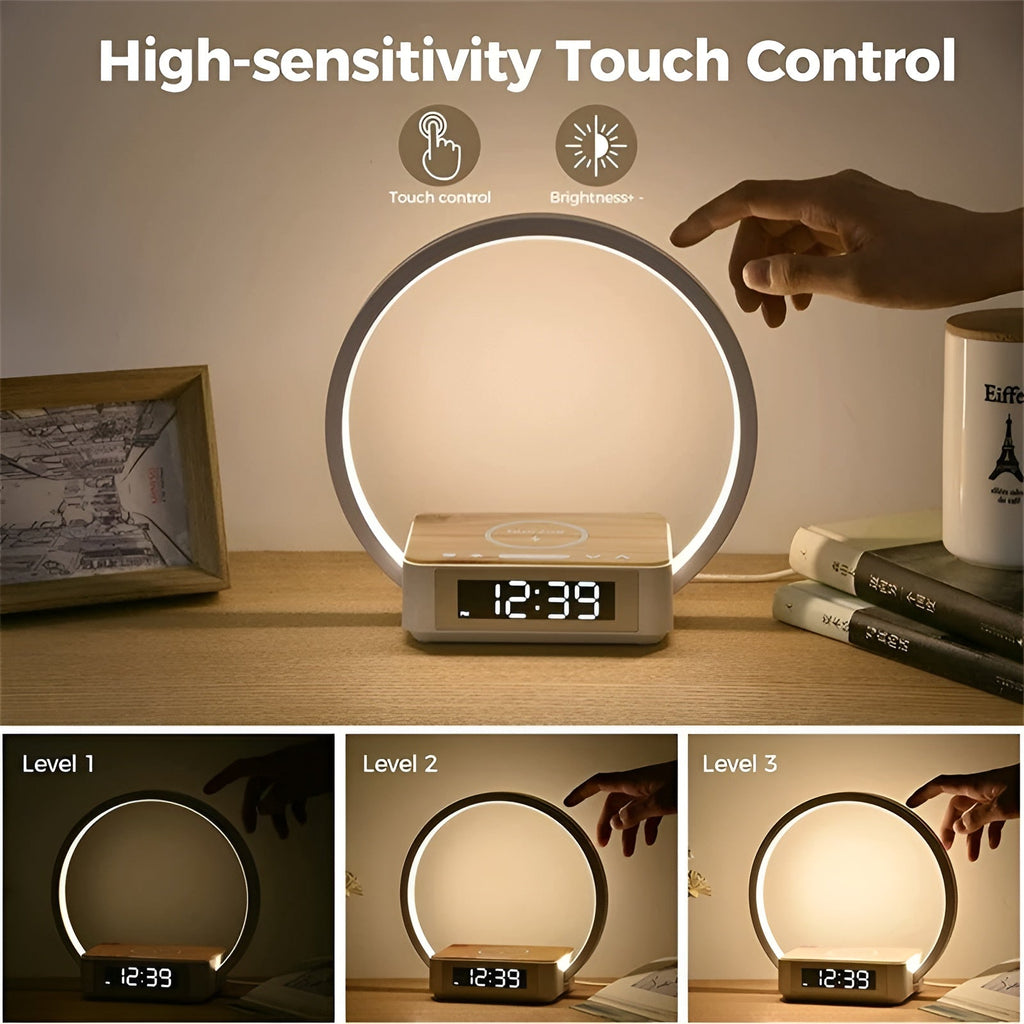 3-in-1 LED Table Lamp with Wireless Charging, Digital Alarm Clock & - in use