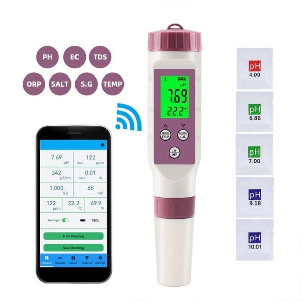 Digital pool tester - pH and chlorine measuring device for easy water analysis - in use