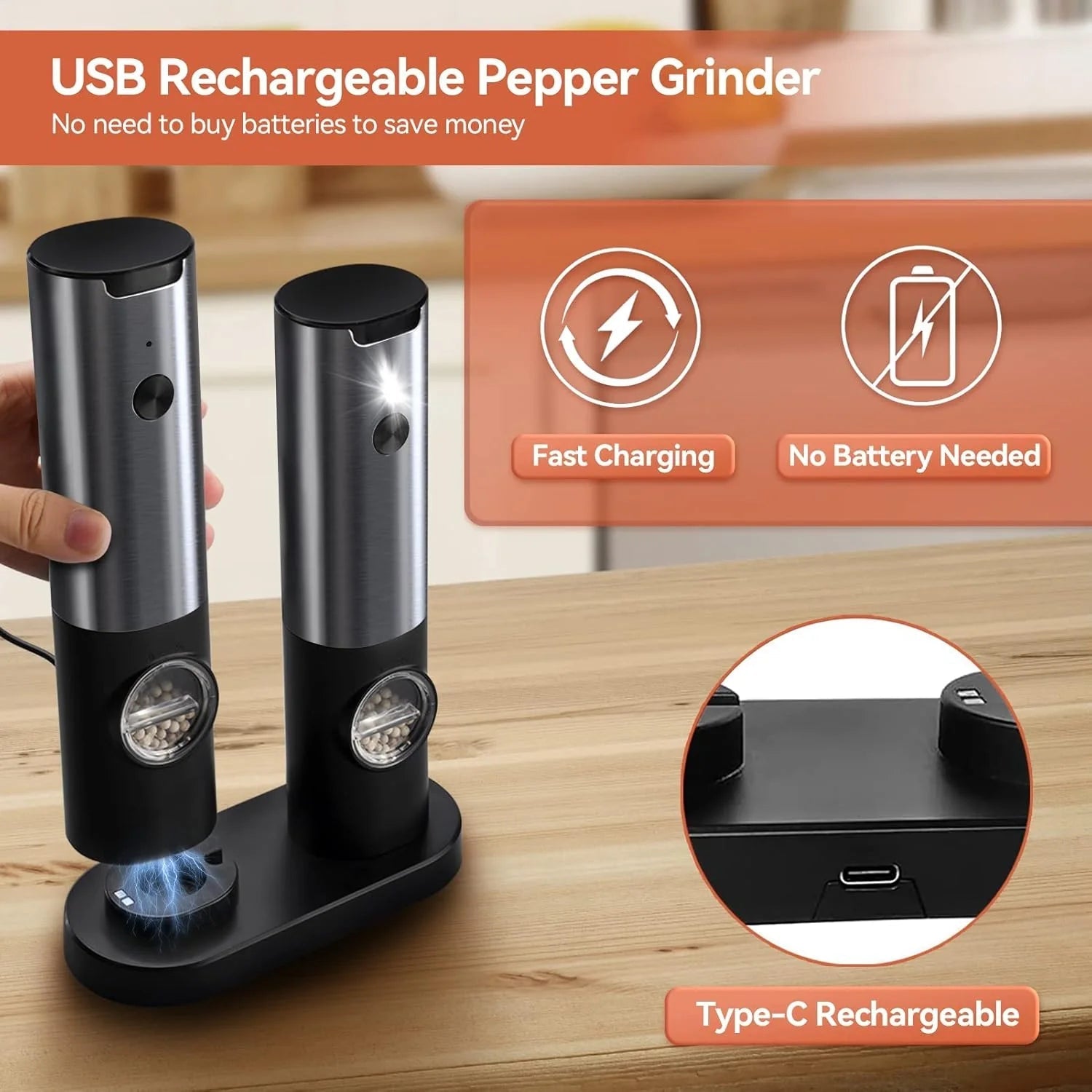 Elegant Electric Salt And Pepper Mill With Rechargeable Battery - alternate angle