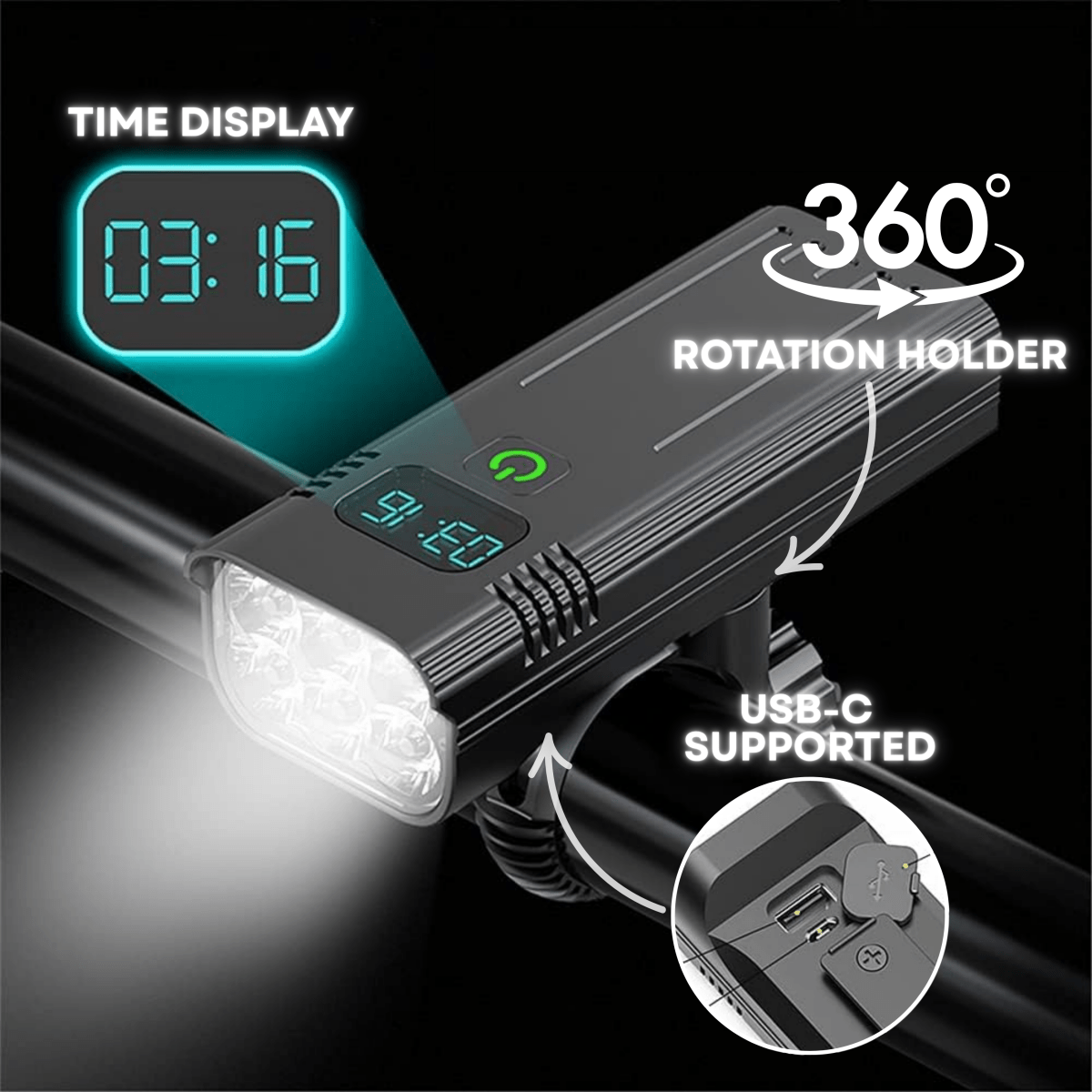 5000 Lumen Bike Headlight with 12 LEDs, 10,000mAh USB-C Rechargeable - alternate angle