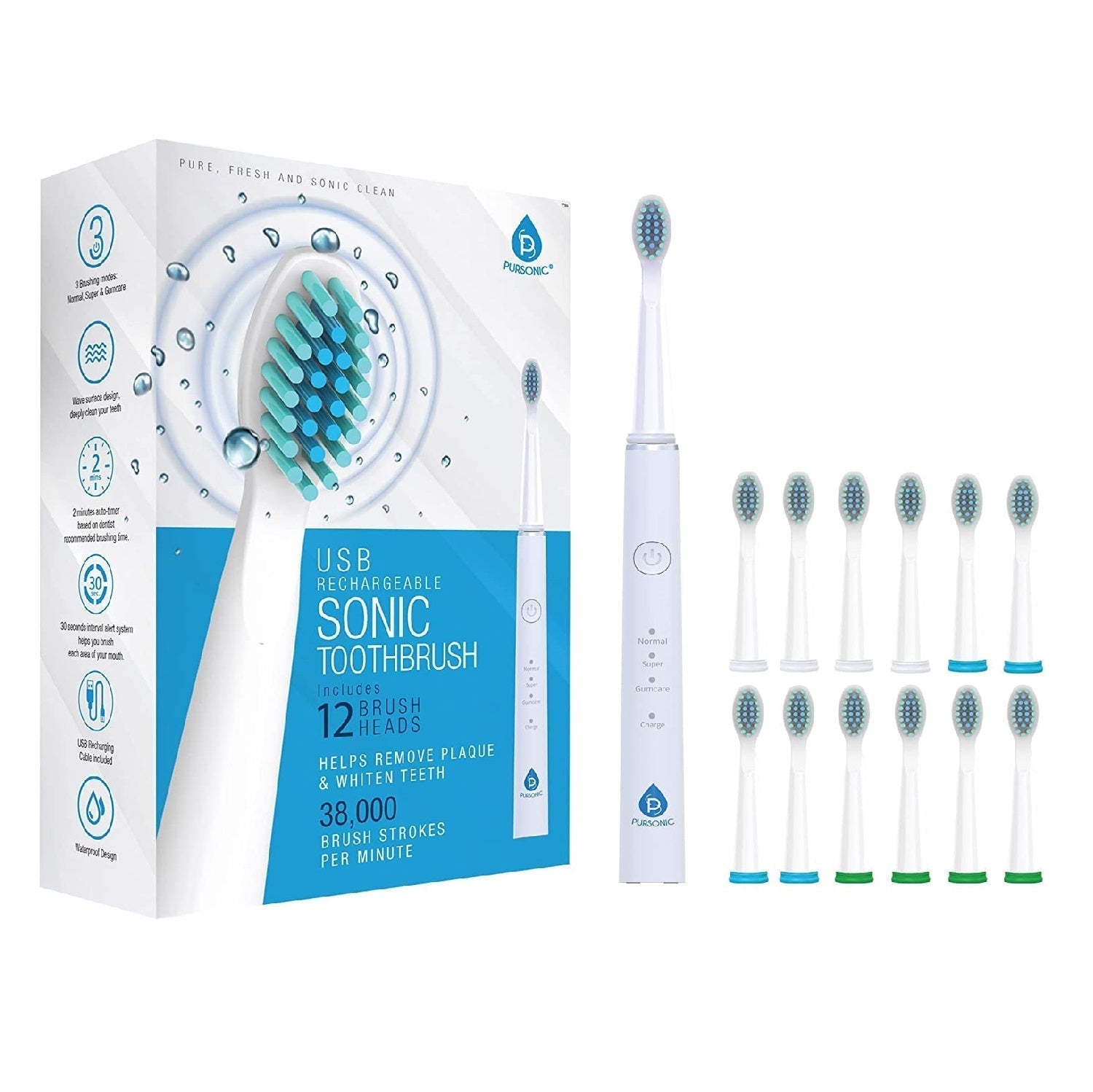 USB Rechargeable Sonic Toothbrush with 12 Brush Heads, Rechargeable