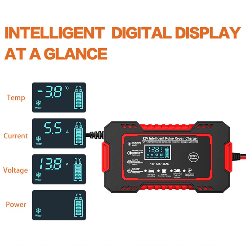 Car Battery Charger 12v 6a Pulse Repair LCD Display - alternate angle