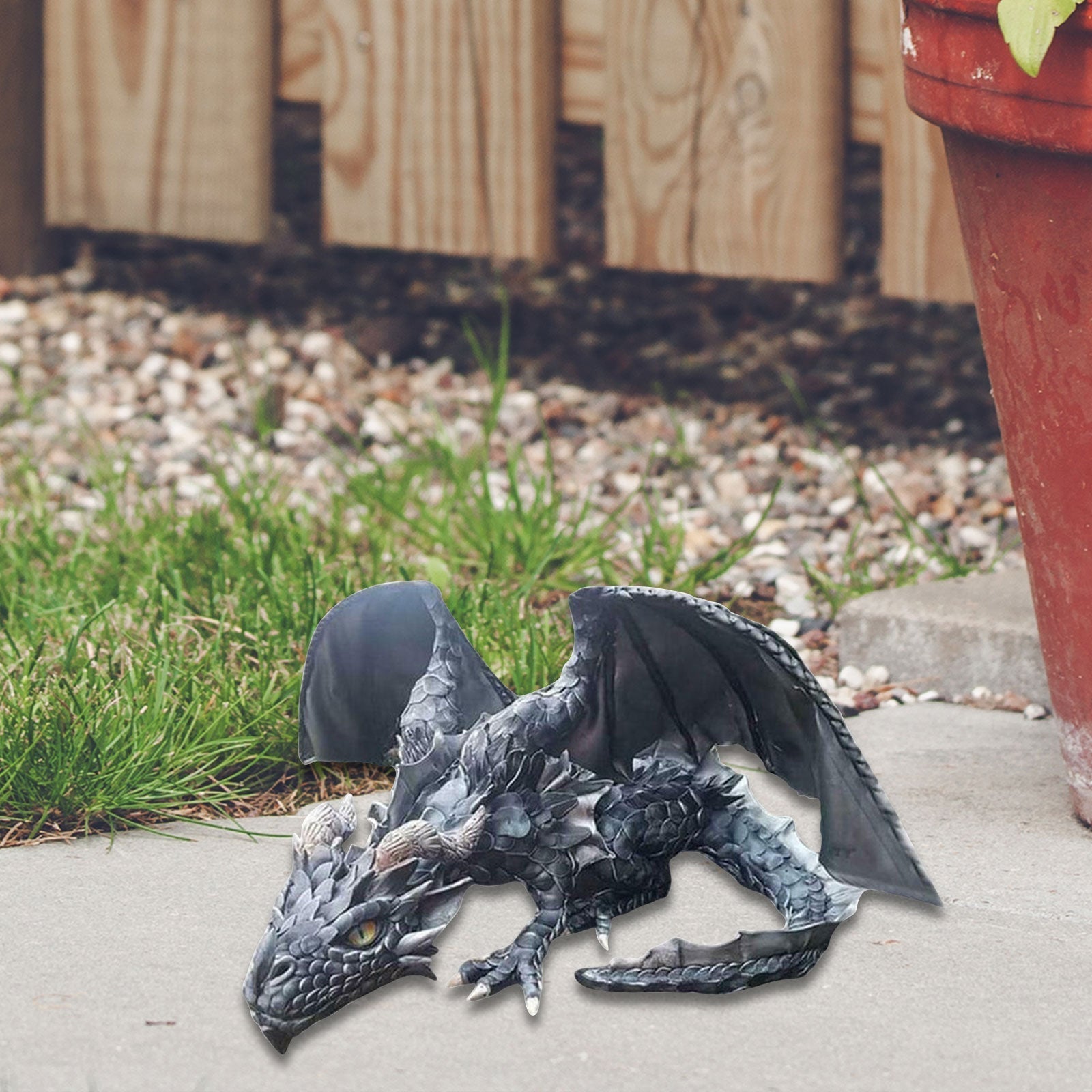 Crouching Dragon Guardian Statue: Gothic Outdoor Decoration - alternate angle