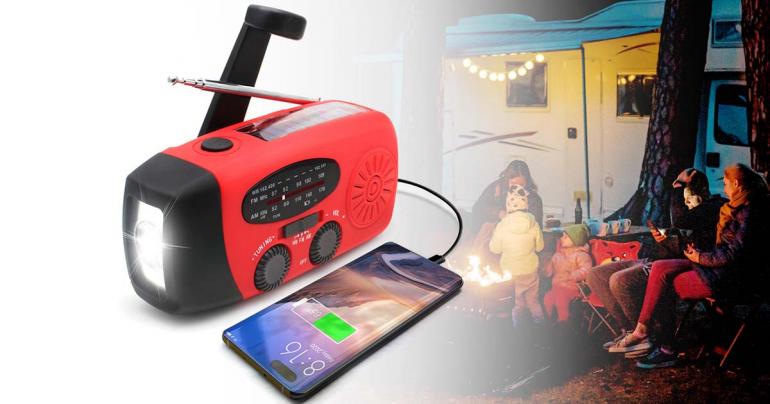 All-in-One Emergency Radio with Solar Power and Power Bank - in use