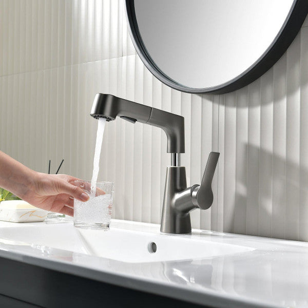 Bathroom Faucet With Rotating Retractable Hand Shower - alternate angle