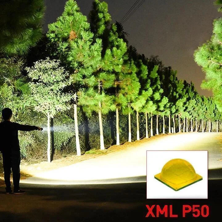 90,000 Lumens XHP50.2 Rechargeable LED Flashlight with Zoom, USB - alternate angle