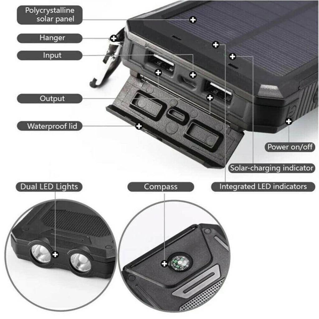 500,000 mAh Solar Power Bank with Dual USB Ports and Built-In