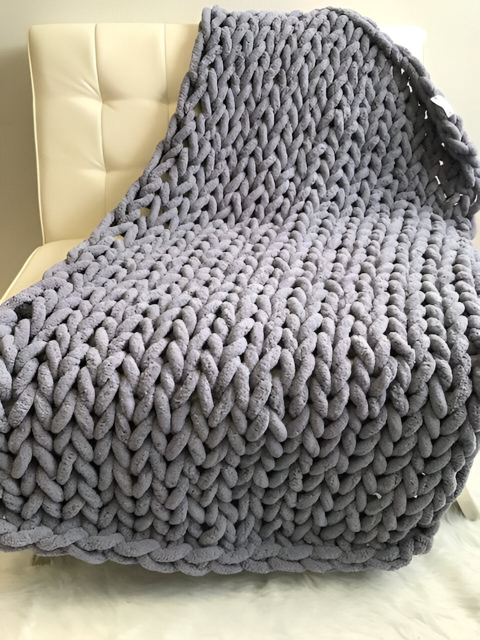 Chenille Chunky Knitted Blanket, Thick Cable Knit Throw for Couch Bed Sofa - in use