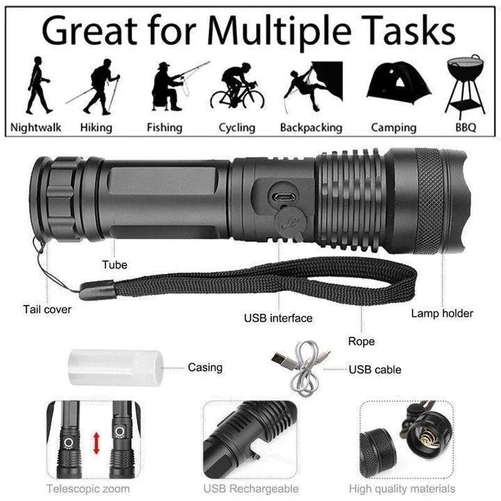 90,000 Lumens XHP50.2 Rechargeable LED Flashlight with Zoom, USB - detail