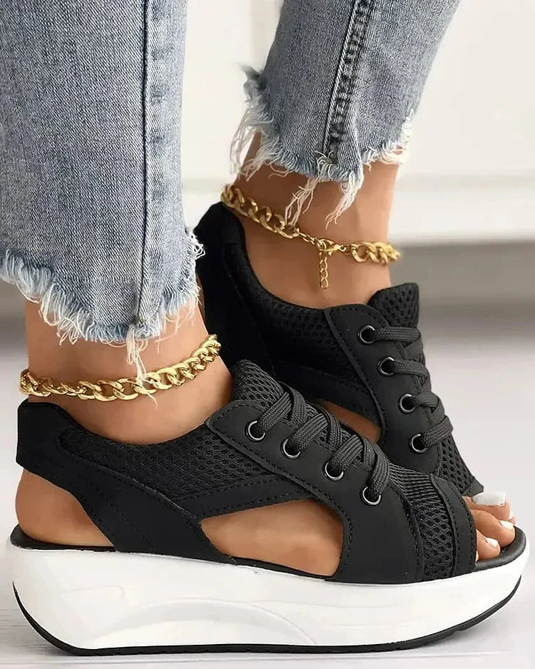 Contrast Paneled Cutout Lace-up Muffin Sandals - alternate angle