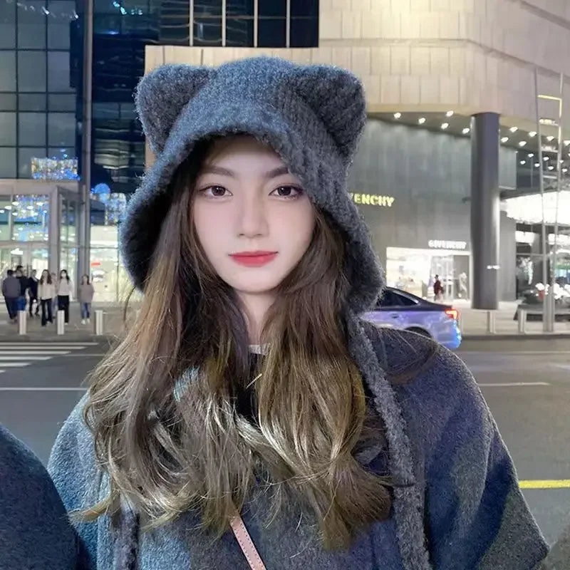 Cute Bear Ear Winter Hat - in use