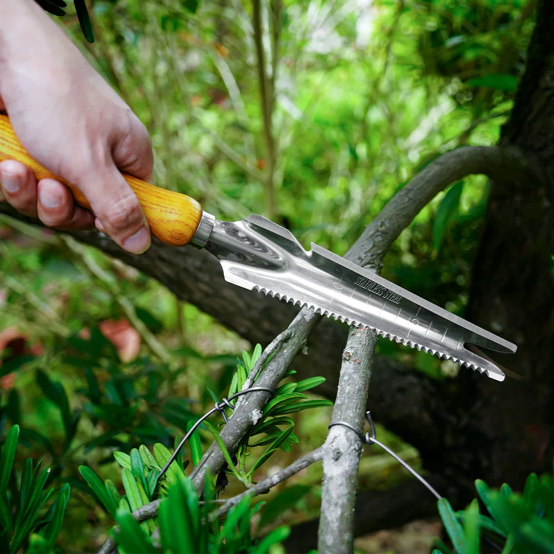 5-in-1 Stainless Steel Garden Weeder & Transplanting Tool with Beech - alternate angle