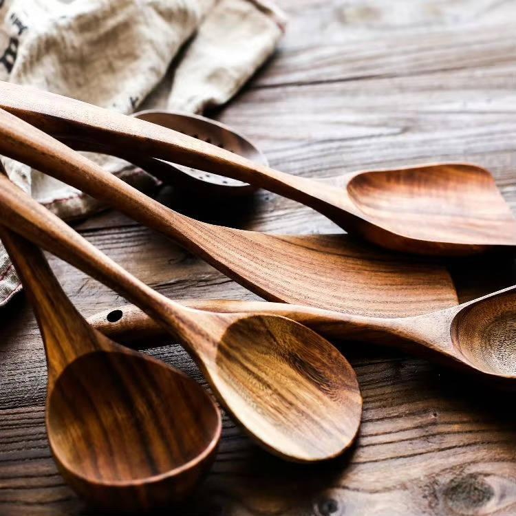 6-Piece Teak Wood Cooking Utensil Set with Hanging Holes | Nonstick - detail