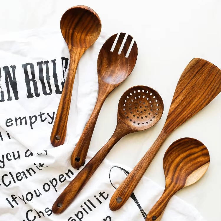 6-Piece Teak Wood Cooking Utensil Set with Hanging Holes | Nonstick - detail