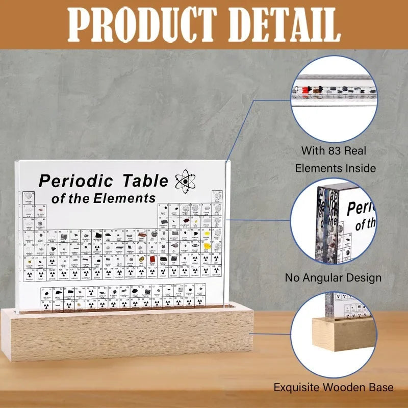 Acrylic Periodic Table with Wooden Light Base - detail