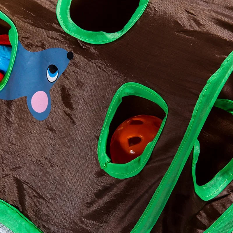 9-Hole Interactive Cat Tunnel Toy with Mouse & Ball - Foldable Canvas Play Mat - alternate angle